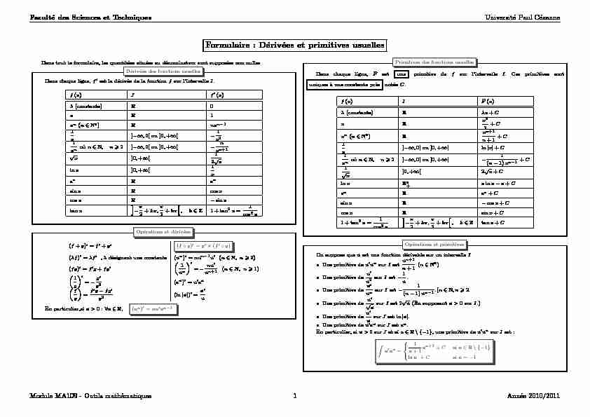 [PDF] Fiche : Dérivées et primitives des fonctions usuelles