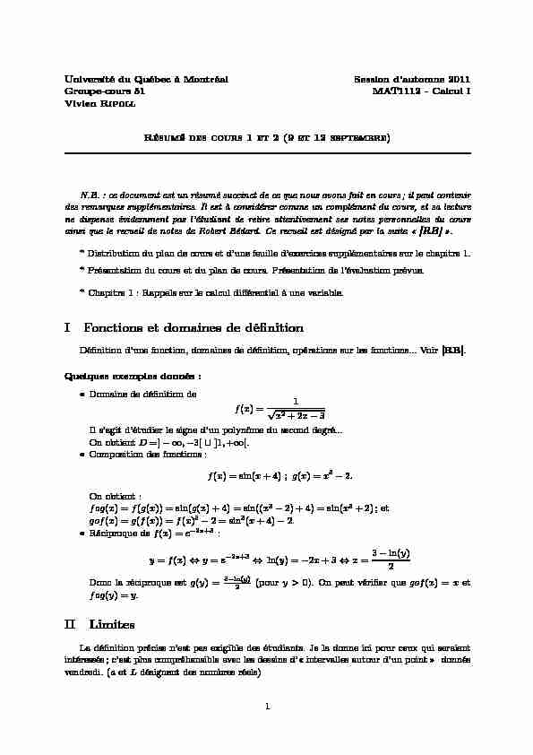 [PDF] I Fonctions et domaines de définition II Limites - Normale Sup