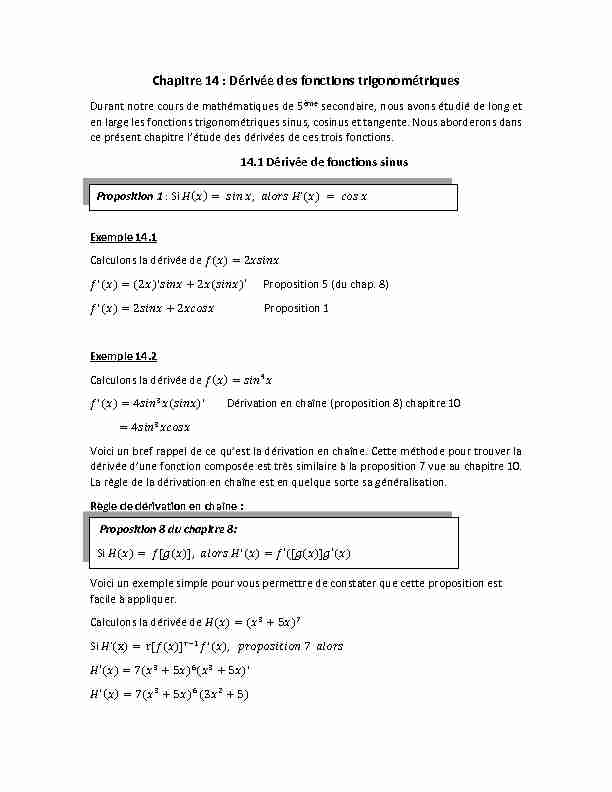 [PDF] Chapitre 14 : Dérivée des fonctions trigonométriques