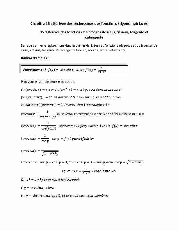 Chapitre 15 : Dérivée des réciproques des fonctions trigonométriques
