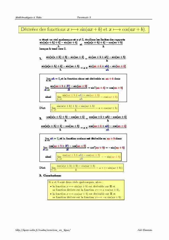 [PDF] Dérivées des fonctions x ?? ? sin(ax   b) et x - lycee-valin