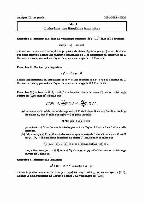 Liste 1 Théorème des fonctions implicites