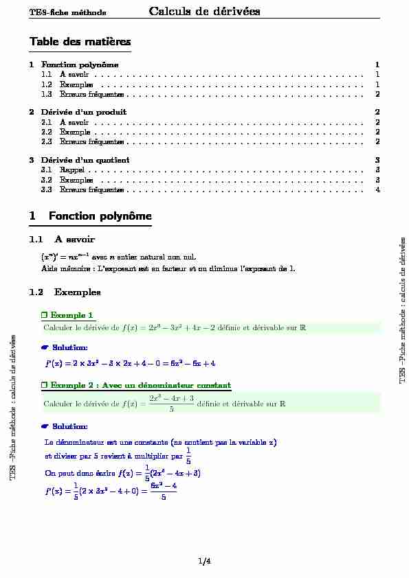 Calculs de dérivées Table des mati`eres 1 Fonction polynôme
