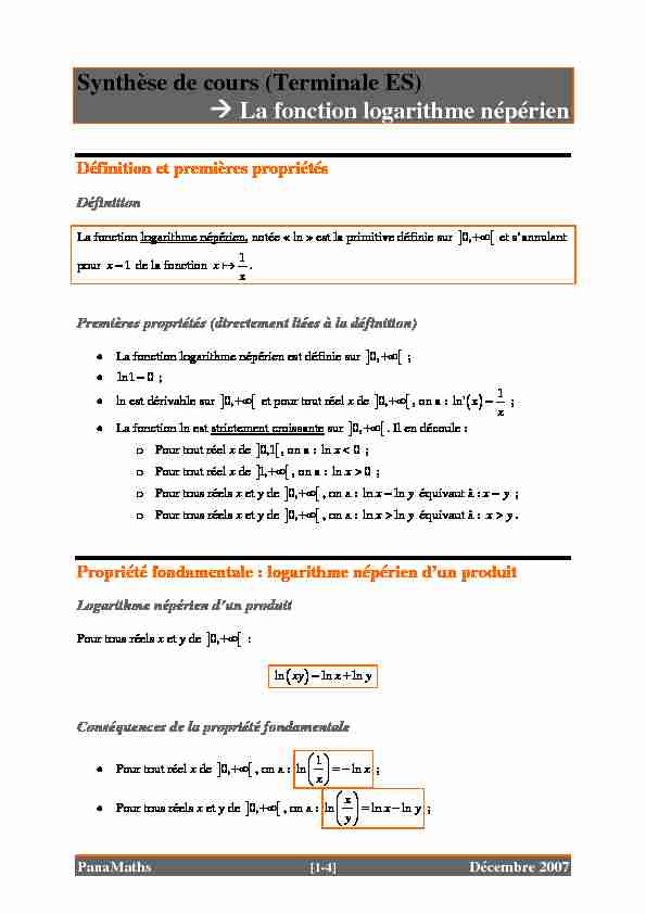 [PDF] Synthèse de cours (Terminale ES) ? La fonction logarithme népérien