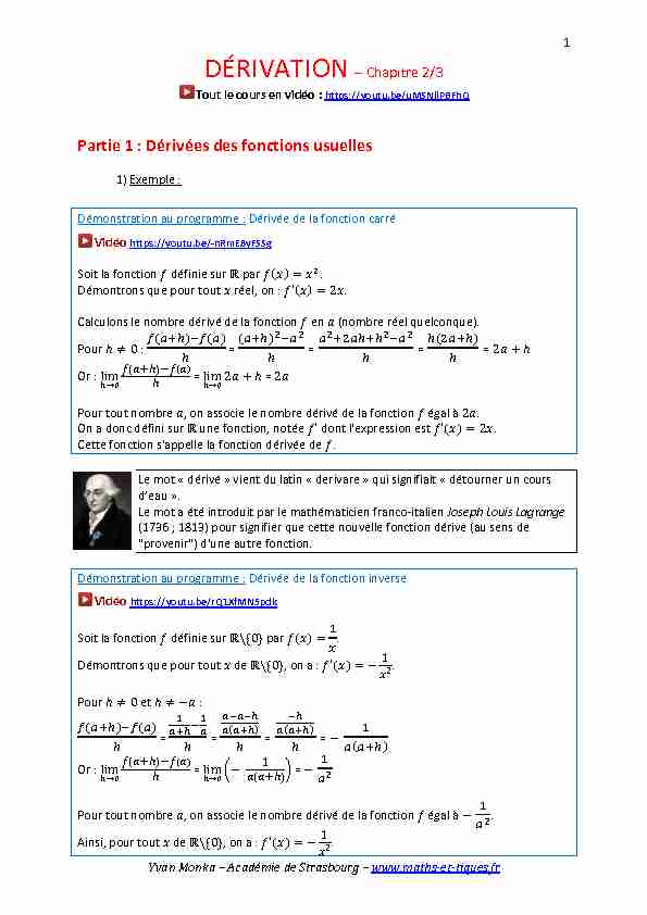 [PDF] Partie 1 : Dérivées des fonctions usuelles - maths et tiques