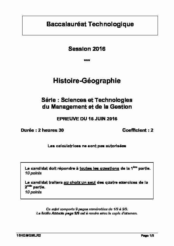 Sujet du bac STMG Histoire-Géographie 2016 - Métropole