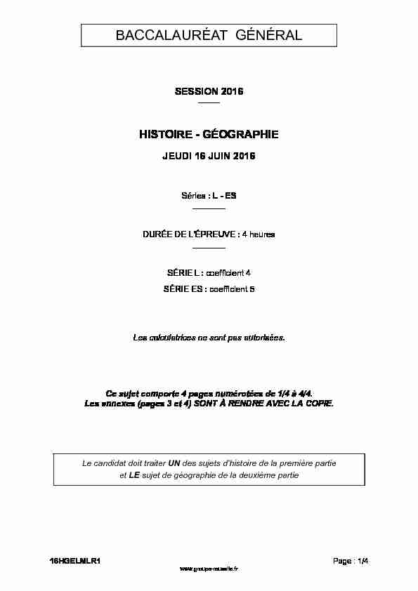 Sujet du bac ES-L Histoire-Géographie 2016 - Métropole