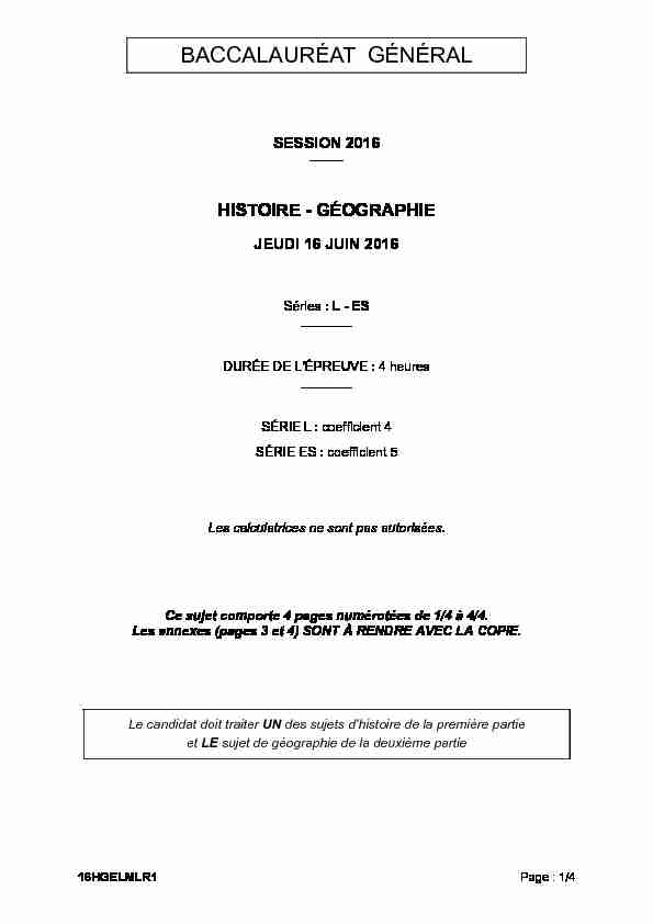 Sujet du bac ES-L Histoire-Géographie 2016 - Métropole