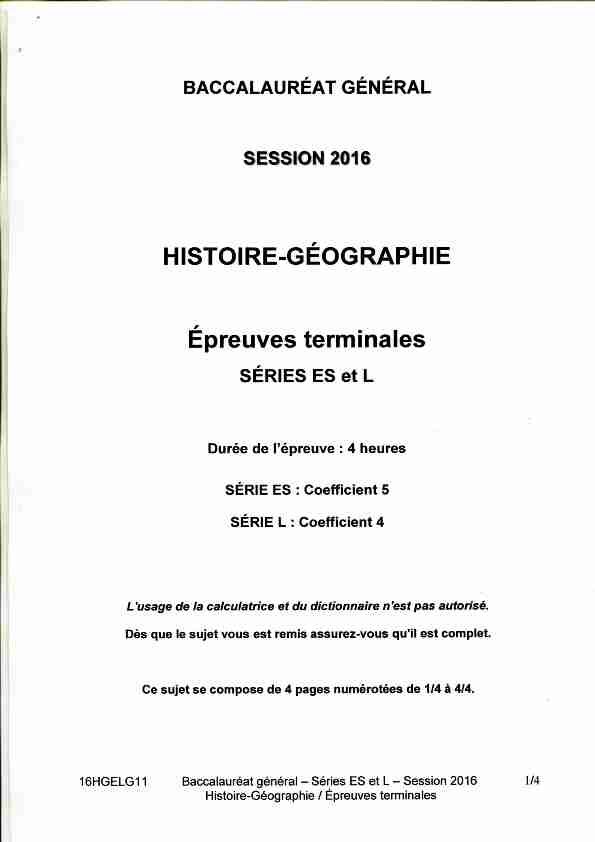 Sujet du bac ES-L Histoire-Géographie 2016 - Centres Etrangers