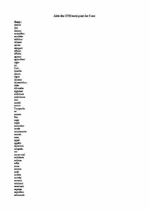 Liste des 2750 mots pour les 5 ans