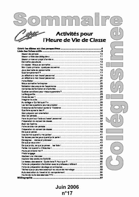 [PDF] Activités pour lHeure de Vie de Classe - Cepec Doc