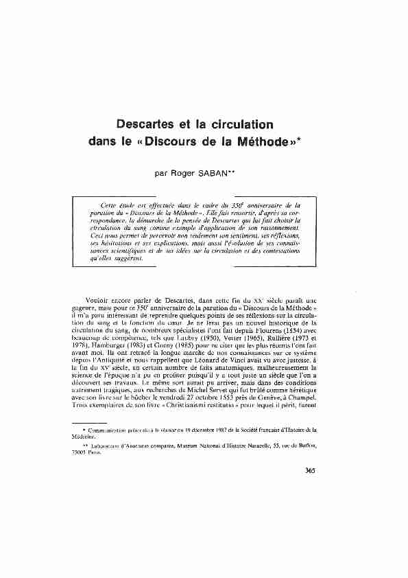 Descartes et la circulation dans le «Discours de la Méthode»*
