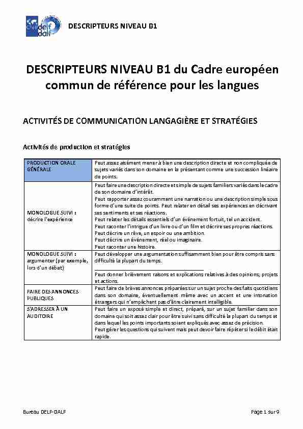 [PDF] DESCRIPTEURS NIVEAU B1 du Cadre européen commun de