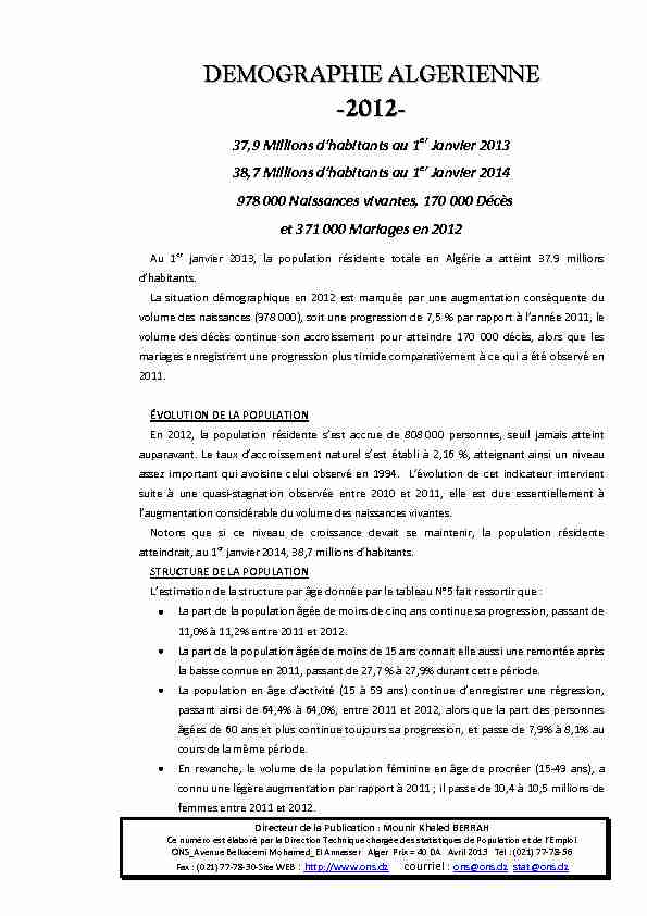 [PDF] DEMOGRAPHIE ALGERIENNE 2008 - Office National des Statistiques