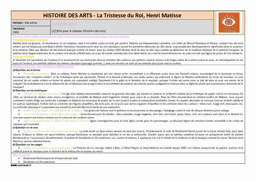 [PDF] HISTOIRE DES ARTS - La Tristesse du Roi Henri Matisse