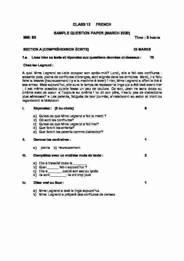 CLASS 12 FRENCH SAMPLE QUESTION PAPER (MARCH 2020