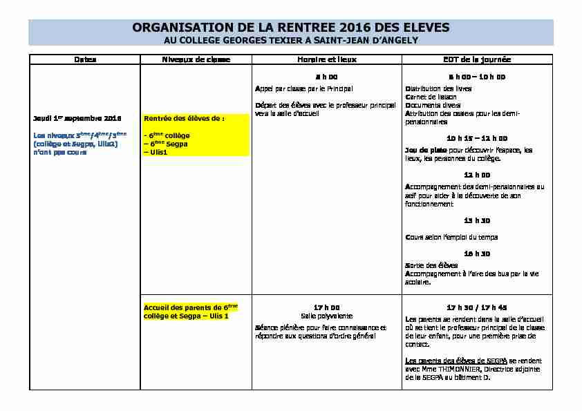 ORGANISATION DE LA RENTREE 2016 DES ELEVES