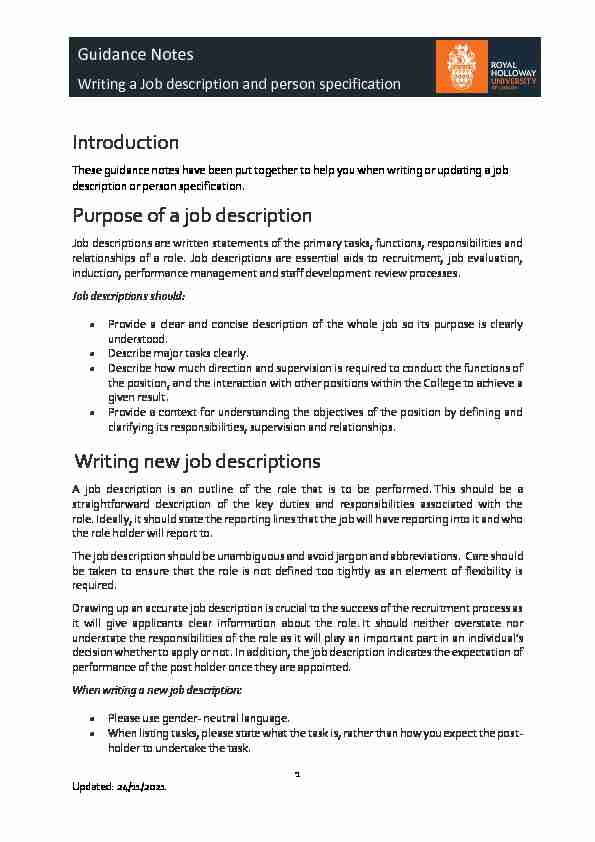 Guidance Notes - Writing a Job description and person specification