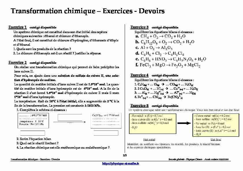 [PDF] Transformation chimique - Exercices - Devoirs - Physique et Maths