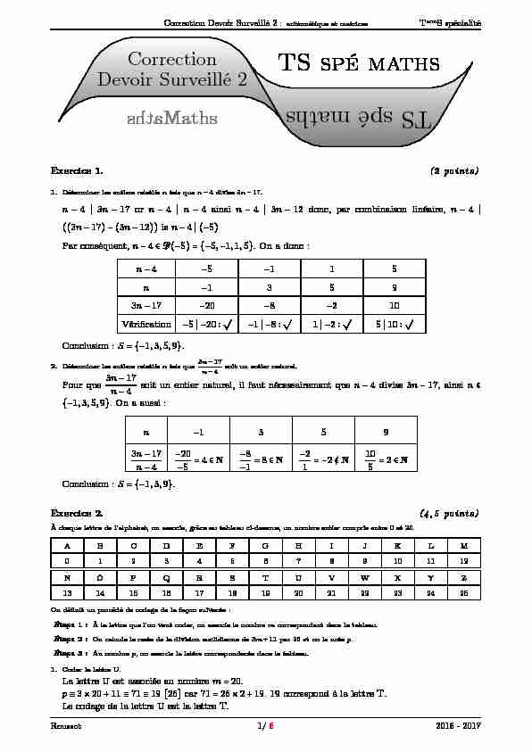 [PDF] Correction Devoir Surveillé 2 : arithmétique et matrices