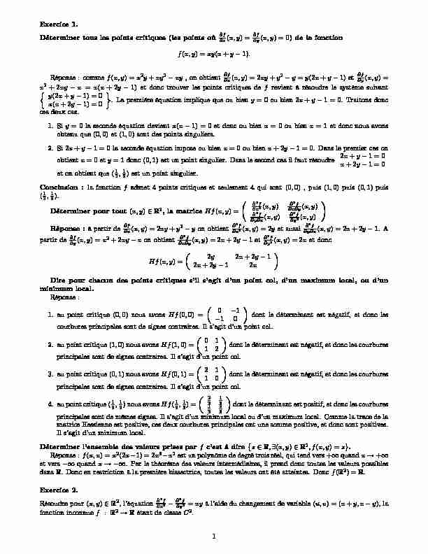 [PDF] Exercice 1 Déterminer tous les points critiques (les points où ?f