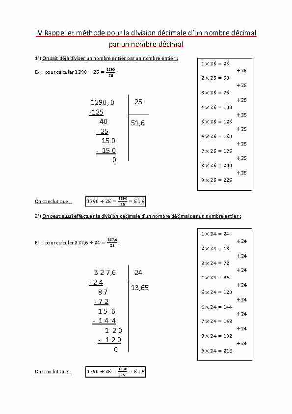 IV Rappel et méthode pour la division décimale dun nombre