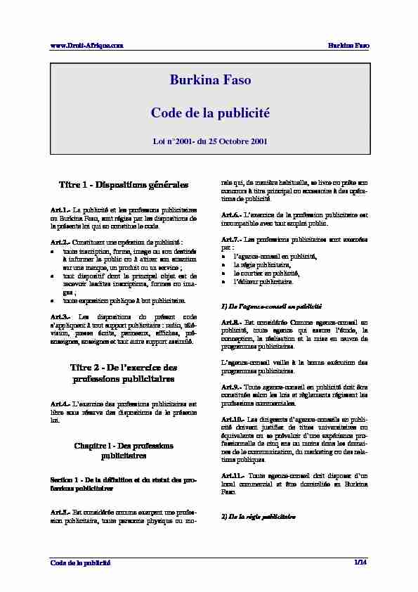 Burkina Faso Code de la publicité