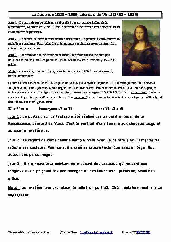 La Joconde 1503 – 1506 Léonard de Vinci (1452 – 1519)