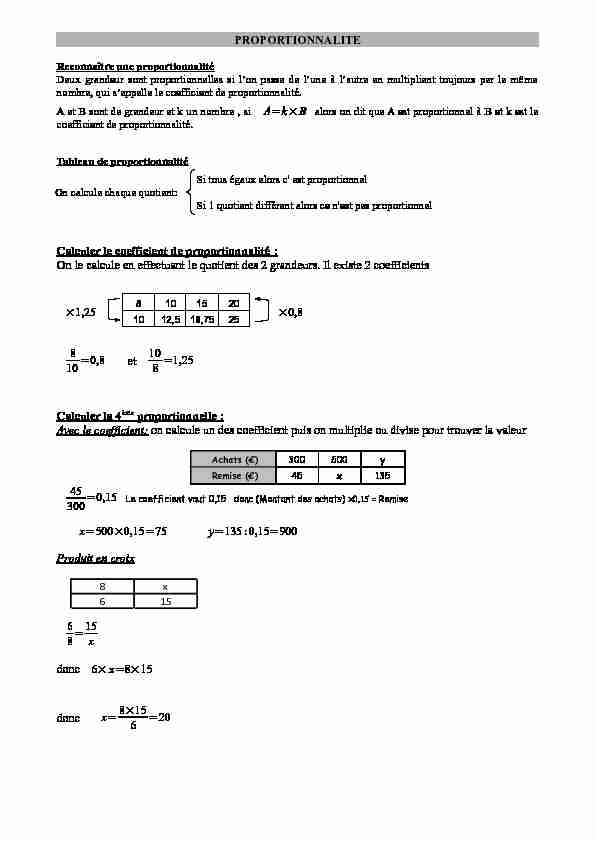 [PDF] PROPORTIONNALITE Calculer le coefficient de proportionnalité