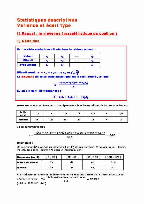 [PDF] Variance et écart type - Statistiques descriptives - Parfenoff  org