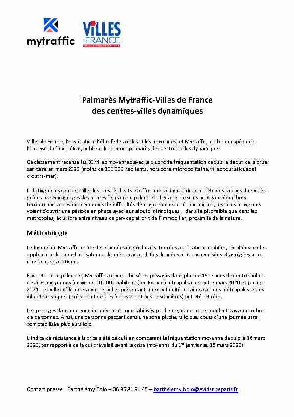 Palmarès Mytraffic-Villes de France des centres-villes dynamiques