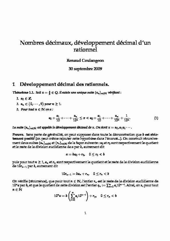 Nombres décimaux développement décimal dun rationnel