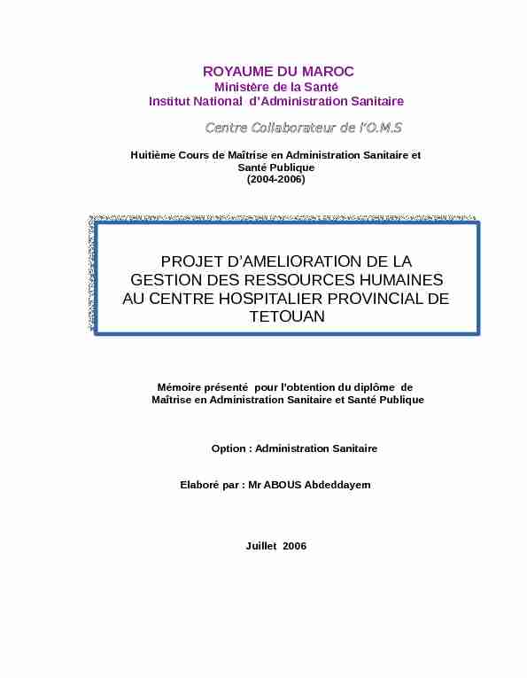 PROJET DAMELIORATION DE LA GESTION DES RESSOURCES