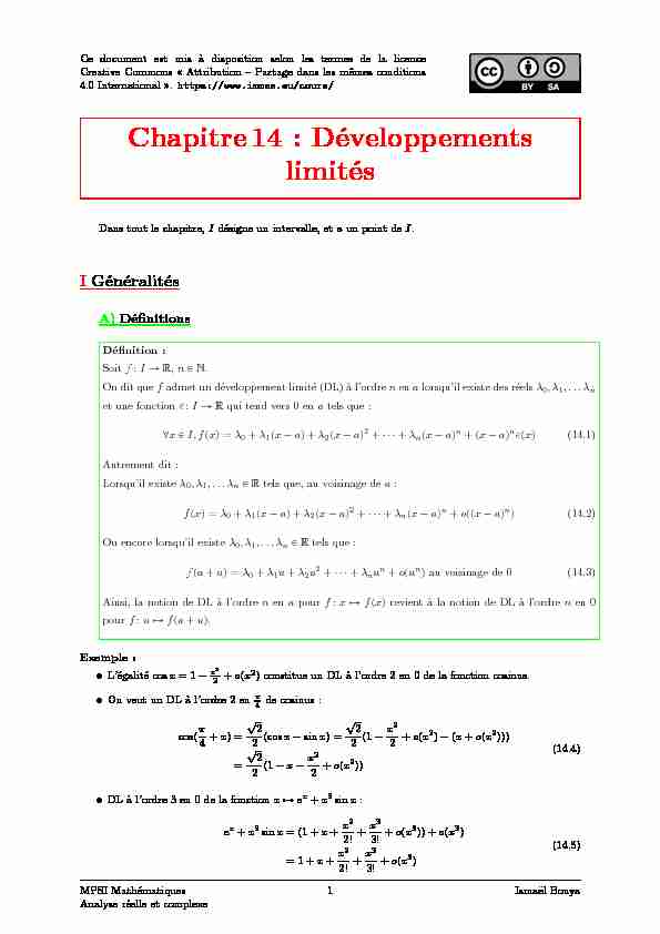 [PDF] Chapitre14 : Développements limités - Melusine