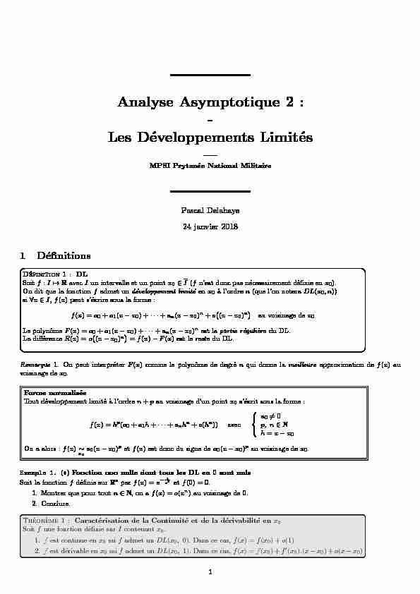 Analyse Asymptotique 2 : - Les Développements Limités —