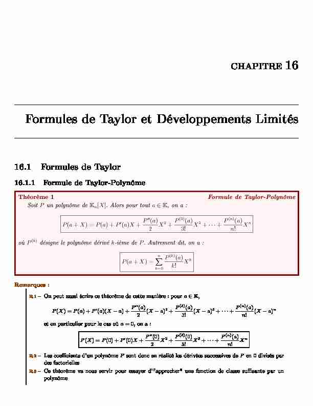 CHAPITRE 16 - Formules de Taylor et Développements Limités