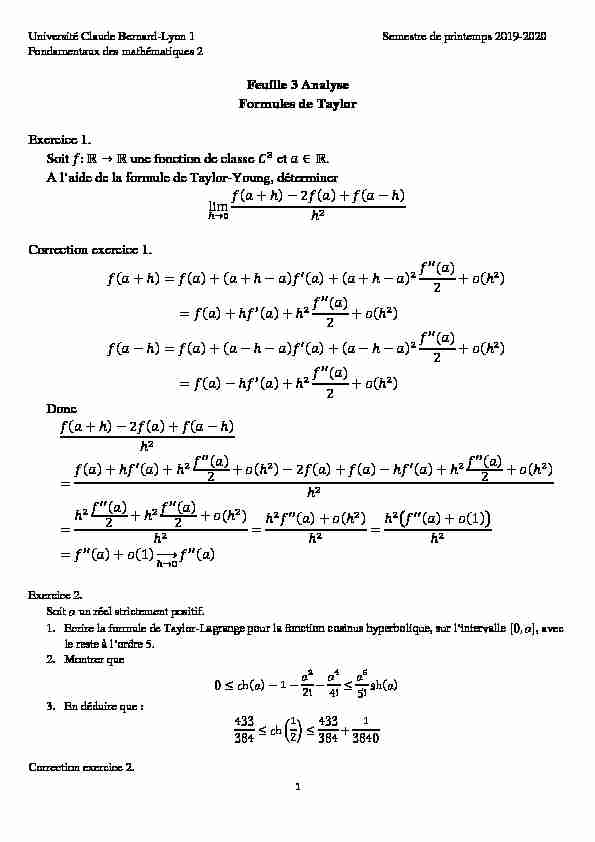 Feuille 3 Analyse Formules de Taylor Exercice 1. Soit :? ? ? une