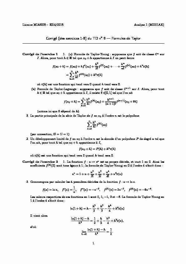 [PDF] Corrigé (des exercices 1-8) du TD no 9 — Formules de Taylor