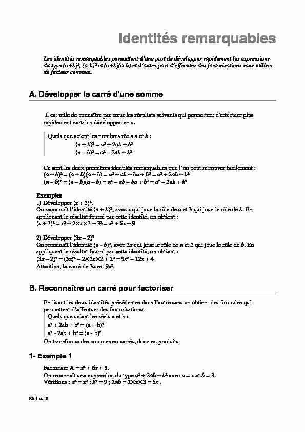 [PDF] Identités remarquables - Labomath
