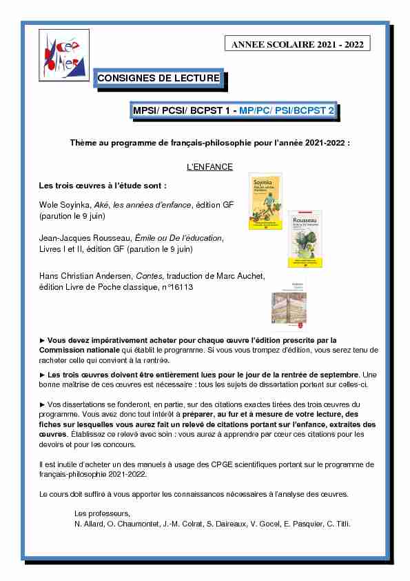 CONSIGNES DE LECTURE MPSI/ PCSI/ BCPST 1 - Lycée Pothier