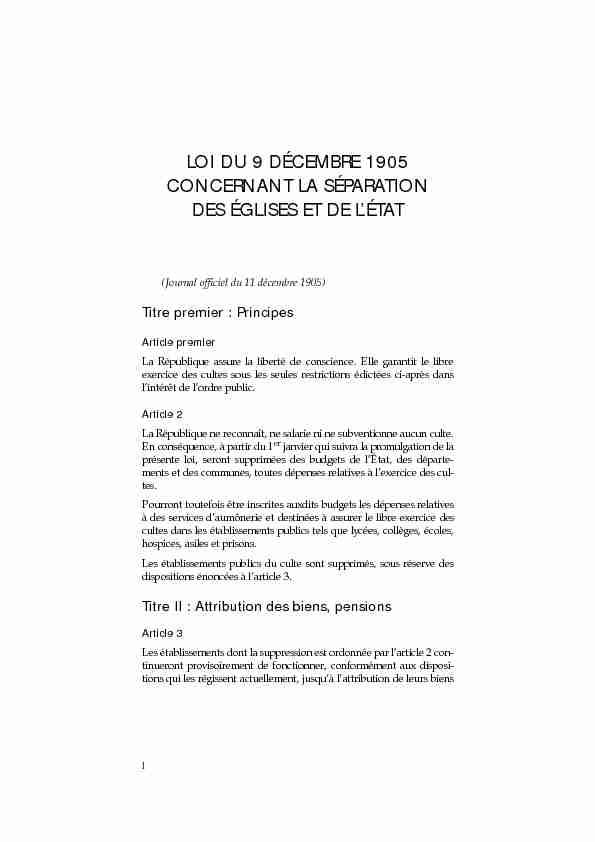 LOI DU 9 DÉCEMBRE 1905 CONCERNANT LA SÉPARATION DES ÉGLISES