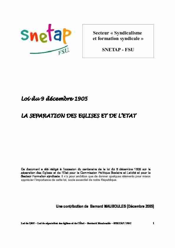 Loi du 9 décembre 1905 LA SEPARATION DES EGLISES ET DE L