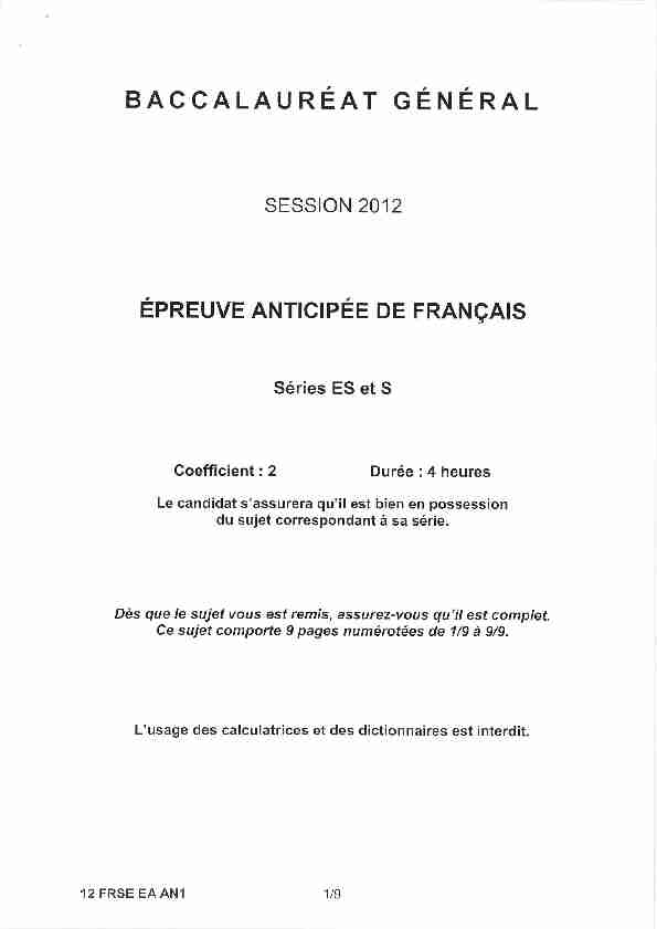 Sujet officiel complet du bac S-ES Français (1ère) 2012 - Am. du Nord
