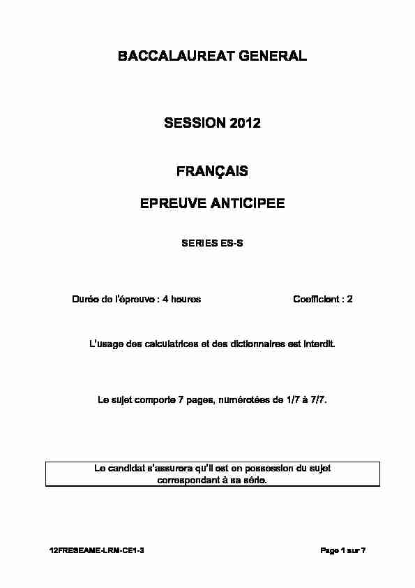 Sujet officiel complet du bac S-ES Français (1ère) 2012 - Métropole