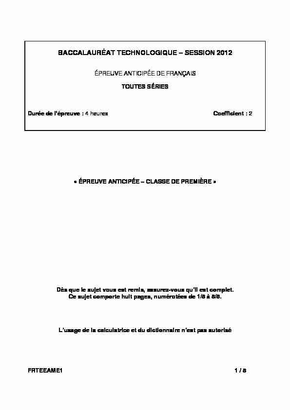 Sujet officiel complet du bac STG-ST2S Français (1ère) 2012