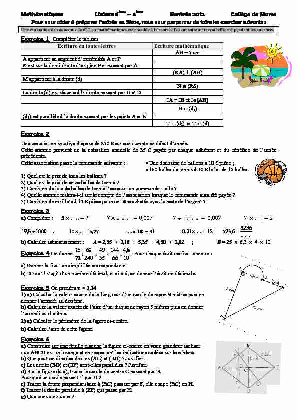 Mathématiques Liaison Liaison 6ème – 5ème Rentrée 2012