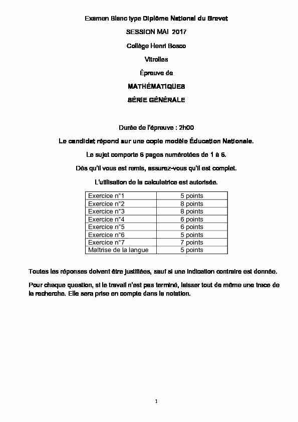 [PDF] Examen Blanc type Diplôme National du Brevet SESSION MAI 2017