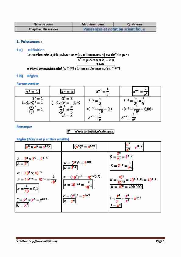 [PDF] Puissances et notation scientifique 1 Puissances : - Math93