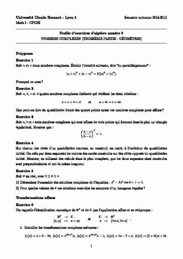 Lyon 1 Feuille dexercices dalgèbre  - Université Claude Bernard
