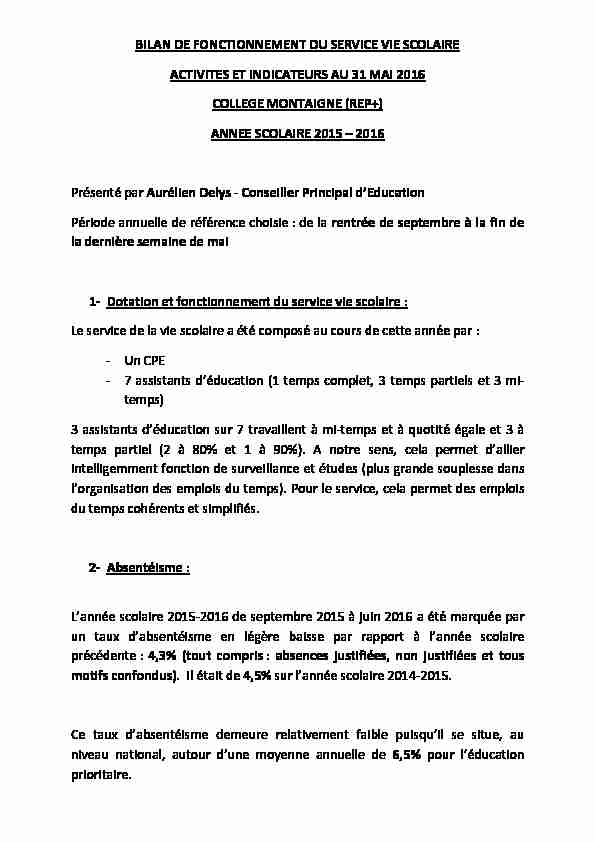 [PDF] Bilan de fonctionnement - Service Vie Scolaire (par Aurélien DELYS)